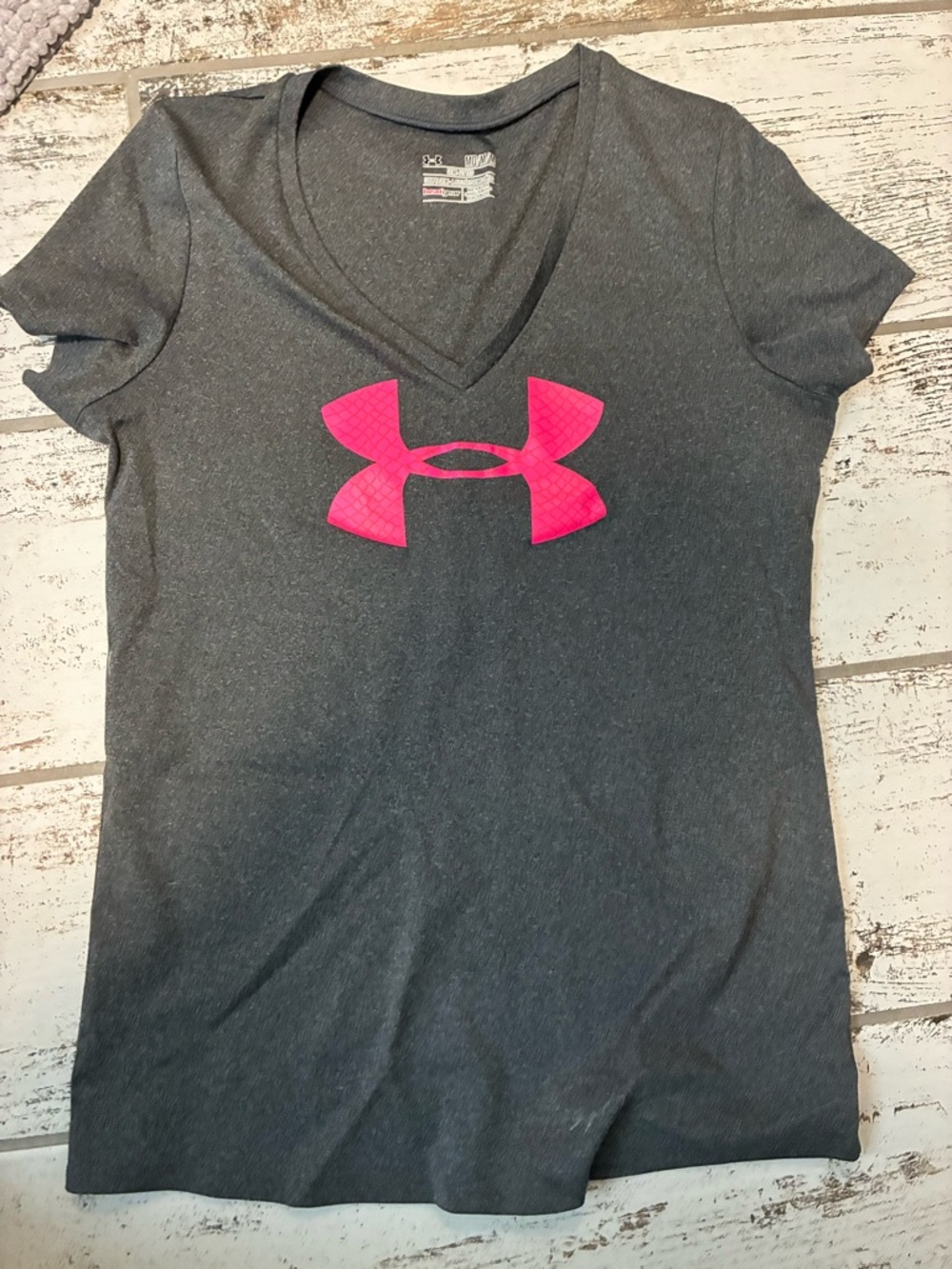 Under Armour Gray Short Sleeve V-Neck Tee with Pink Logo